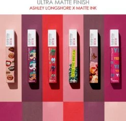 Maybelline Superstay Langhoudende Lippenstift - Matte Ink X Ashley Longshore - 95 Visionary - Paars - Limited Edition -Mode Cosmetica Lipmake-Upwinkel 1200x1163